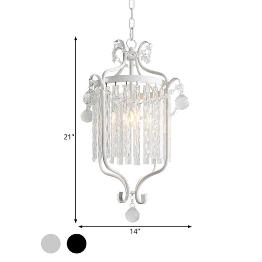 Retro Iron Pendant Light with Crystal Rod Drape - Scroll Frame Corridor Lamp (Black/White)