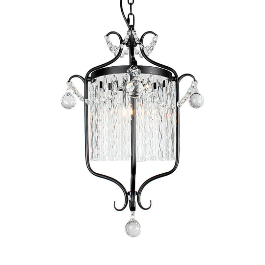 Retro Iron Pendant Light with Crystal Rod Drape - Scroll Frame Corridor Lamp (Black/White)