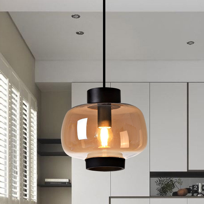 Suspension Lantern Light - Modern 1-Head Pendant in Smoke Gray/Cream/Cognac Glass for Living Room