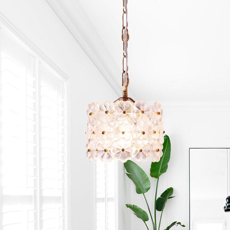 Contemporary 1-Light Drum White Floral Glass Hanging Light Kit - Brass Ceiling Pendant
