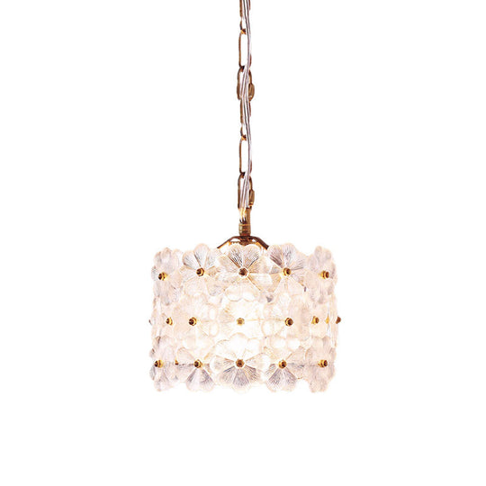 Contemporary 1-Light Drum White Floral Glass Hanging Light Kit - Brass Ceiling Pendant