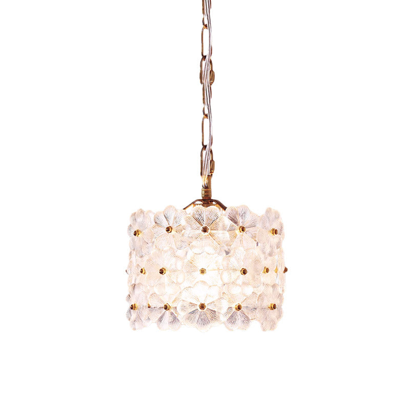 Contemporary 1-Light Drum White Floral Glass Hanging Light Kit - Brass Ceiling Pendant