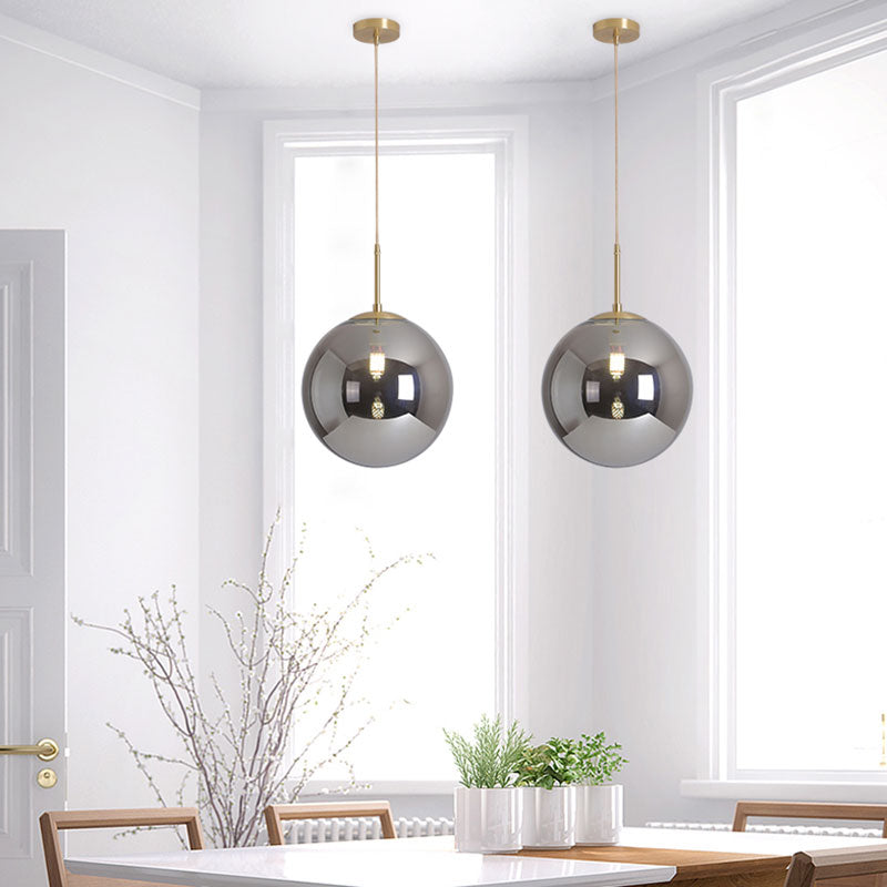 Modernist Tan/Smoke Gray Mirror Glass Globe Pendant Light - 6"/10" Width - 1-Light Suspension Lamp for Dining Room