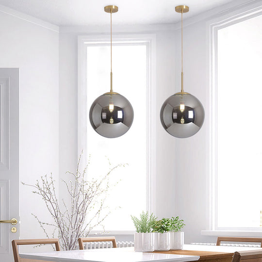 Modernist Tan/Smoke Gray Mirror Glass Globe Pendant Light - 6"/10" Width - 1-Light Suspension Lamp for Dining Room