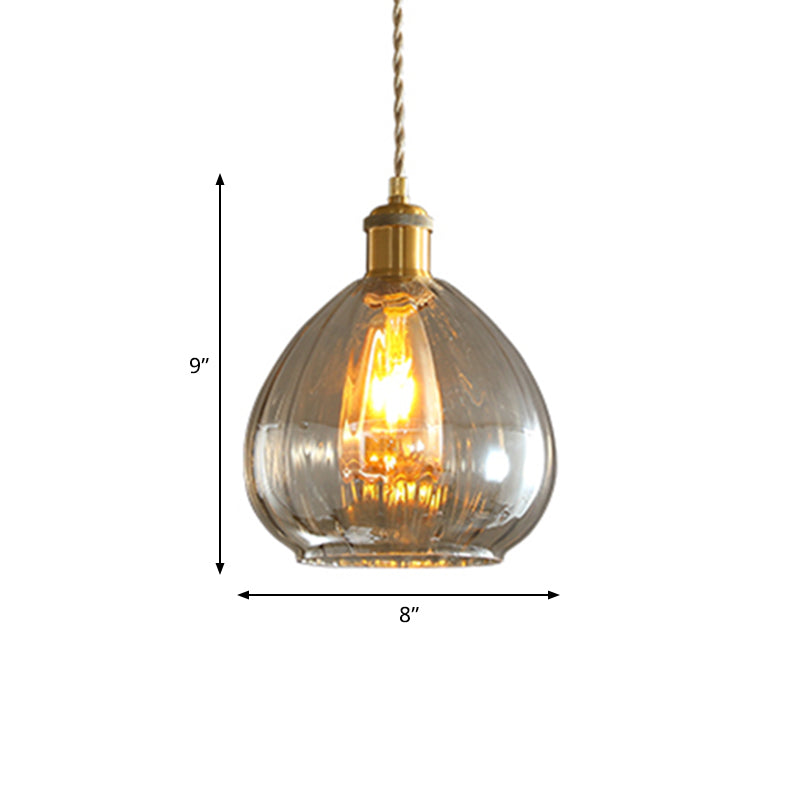 Vintage Gold Pendant Dining Room Hanging Light with Amber Glass Shade