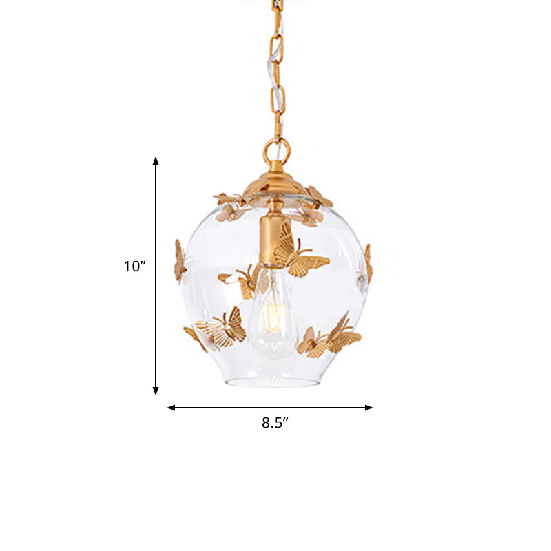Clear Glass Bud Drop Pendant Light - Contemporary 1-Light Bedroom Suspension Lamp with Butterfly Deco