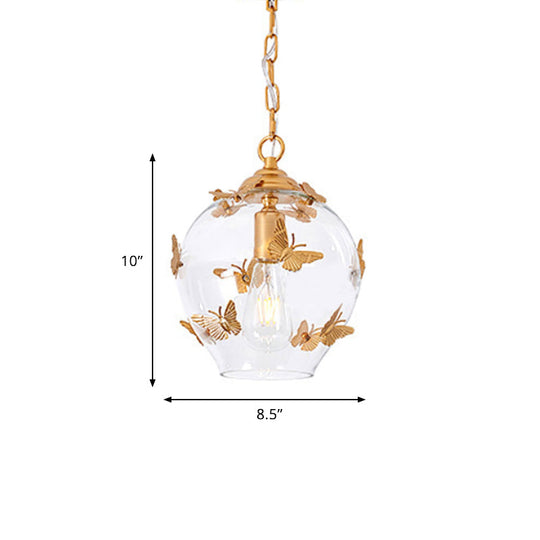 Clear Glass Bud Drop Pendant Light - Contemporary 1-Light Bedroom Suspension Lamp with Butterfly Deco