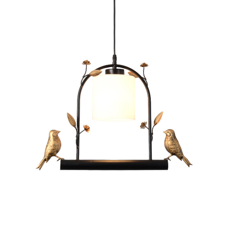 Modern Birdcage Ceiling Light with Black & Gold Metal, Cream Glass Shade & Bird Decor