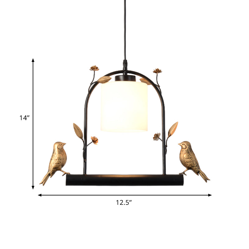 Modern Birdcage Ceiling Light with Black & Gold Metal, Cream Glass Shade & Bird Decor