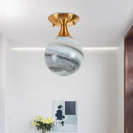 Contemporary Globe Blue Glass Flush Mount Light Fixture - 1 Light Gold Flush Lamp