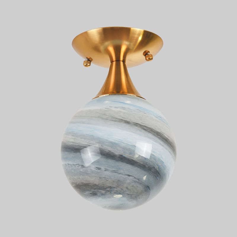 Contemporary Globe Blue Glass Flush Mount Light Fixture - 1 Light Gold Flush Lamp
