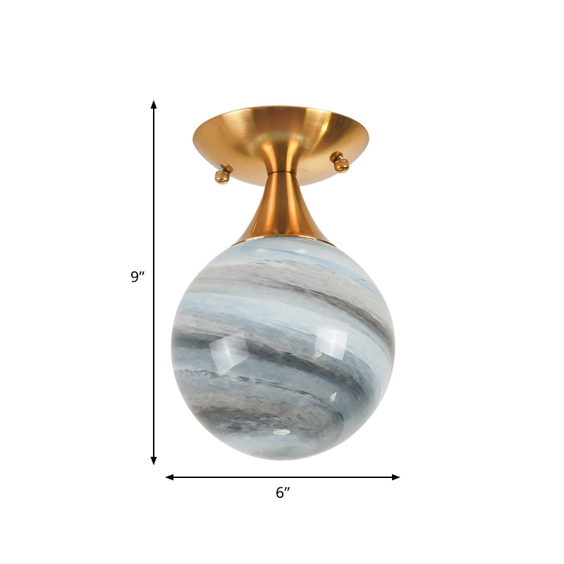 Contemporary Globe Blue Glass Flush Mount Light Fixture - 1 Light Gold Flush Lamp