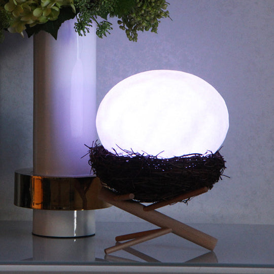 Rechargeable White Egg Nightstand Light - Kids' Creative LED Table Lamp with Wood Stand and Nest Lamp Holder