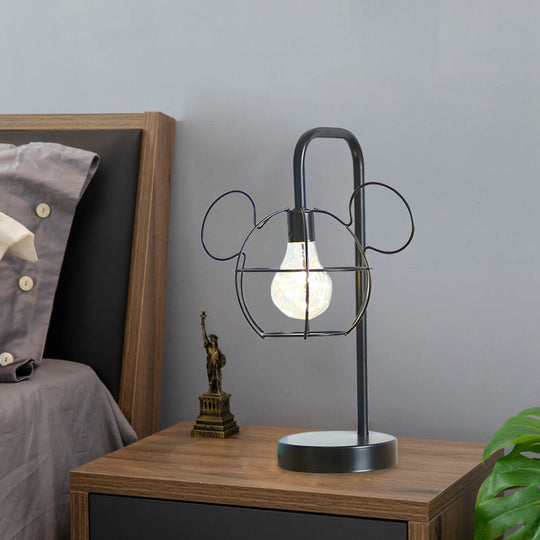 Black Mouse Head LED Nightstand Lamp for Kids with Adjustable Gooseneck Arm and Cage Design