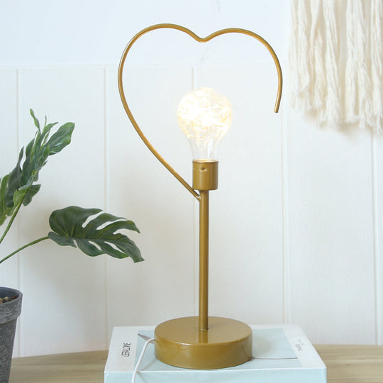 Kids' Black/Gold LED Bedside Table Lamp with Star and Loving Heart Iron Frame