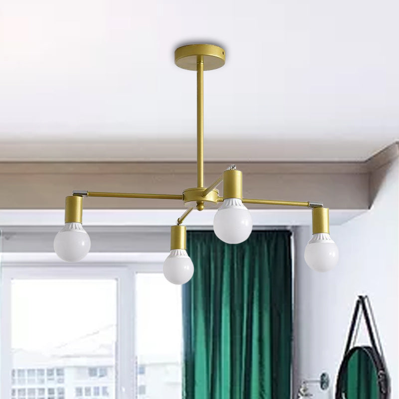 Gold Radial Metal Chandelier with Hanging Lights for Bedroom - Modern Design with Bare Bulb