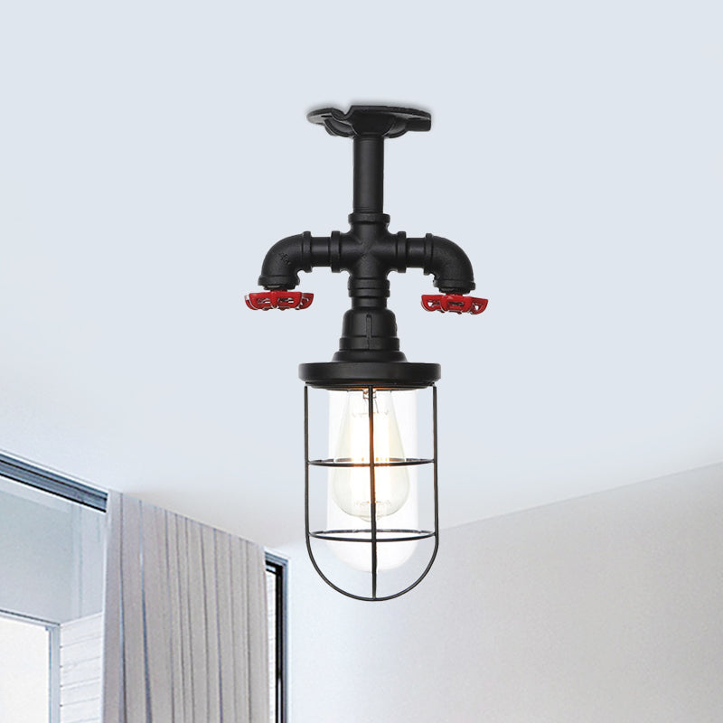 Industrial Black Cage Semi Flush Mount Ceiling Fixture with Clear Glass, Flush Valve Decor for Balcony