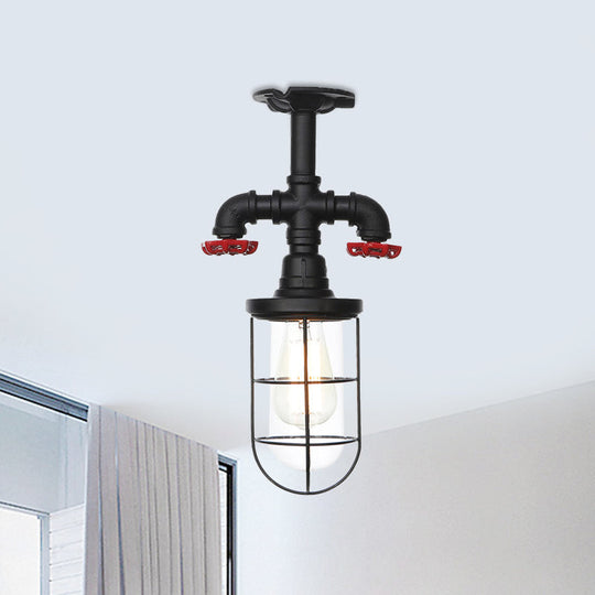 Industrial Black Cage Semi Flush Mount Ceiling Fixture with Clear Glass, Flush Valve Decor for Balcony