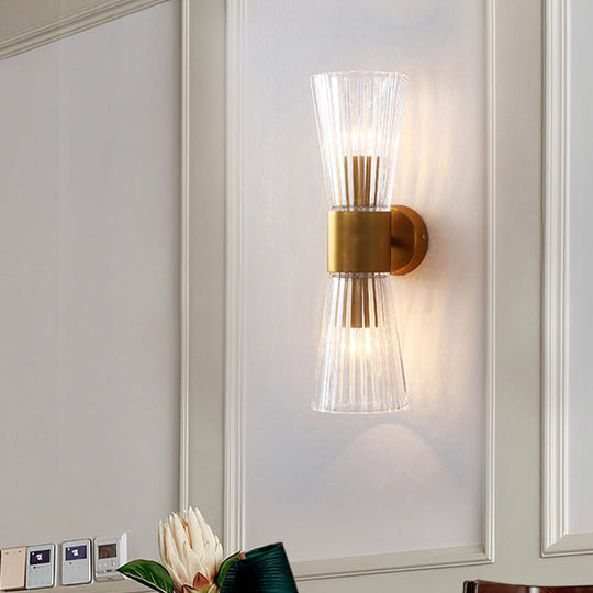Modern Clear Prismatic Glass Wall Sconce with Hourglass Shape and Brass Finish – Up-Down Wall Lamp