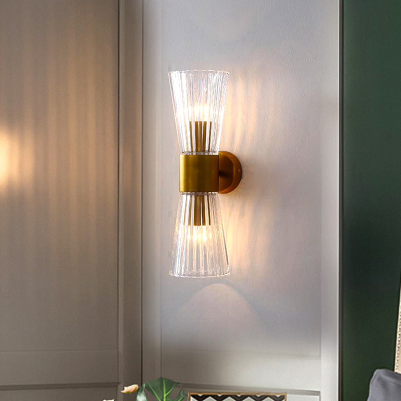 Modern Clear Prismatic Glass Wall Sconce with Hourglass Shape and Brass Finish – Up-Down Wall Lamp
