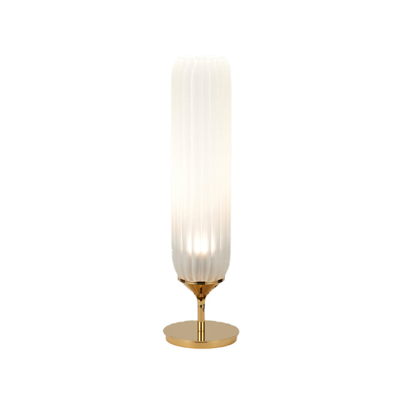 Modern Gold LED Bedside Glass Desk Lamp: White Ribbed Cylinder Night Table Light