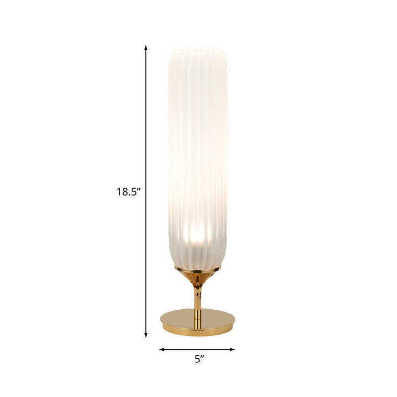 Modern Gold LED Bedside Glass Desk Lamp: White Ribbed Cylinder Night Table Light