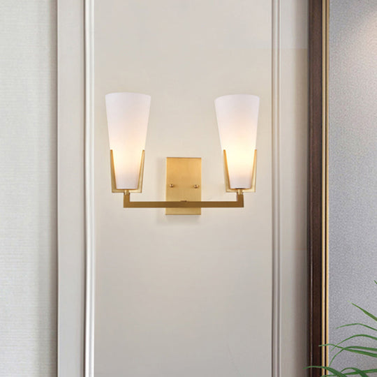 Modern Brass Cone Wall Sconce with White Glass Shade - Bedside Lighting Fixture with 2 Bulbs