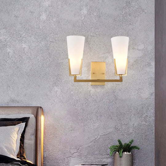 Modern Brass Cone Wall Sconce with White Glass Shade - Bedside Lighting Fixture with 2 Bulbs