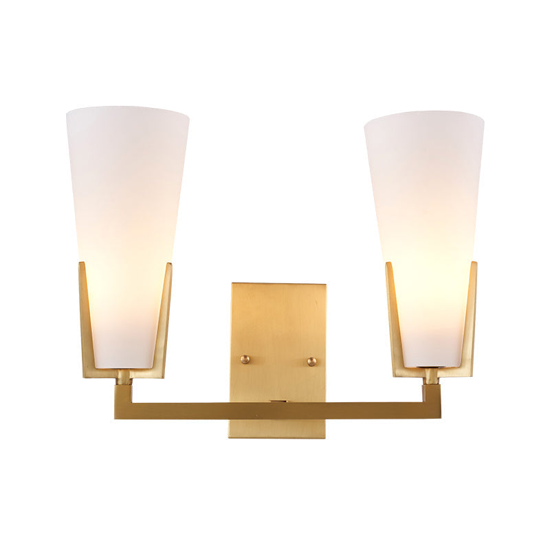 Modern Brass Cone Wall Sconce with White Glass Shade - Bedside Lighting Fixture with 2 Bulbs