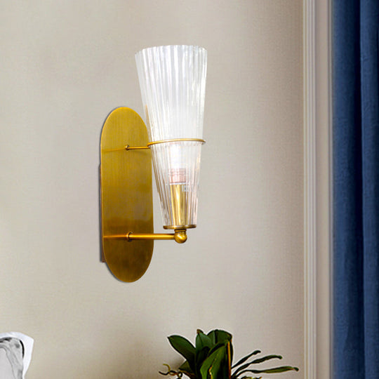 Modern Gold Cone Wall Sconce with Ribbed Glass Shade