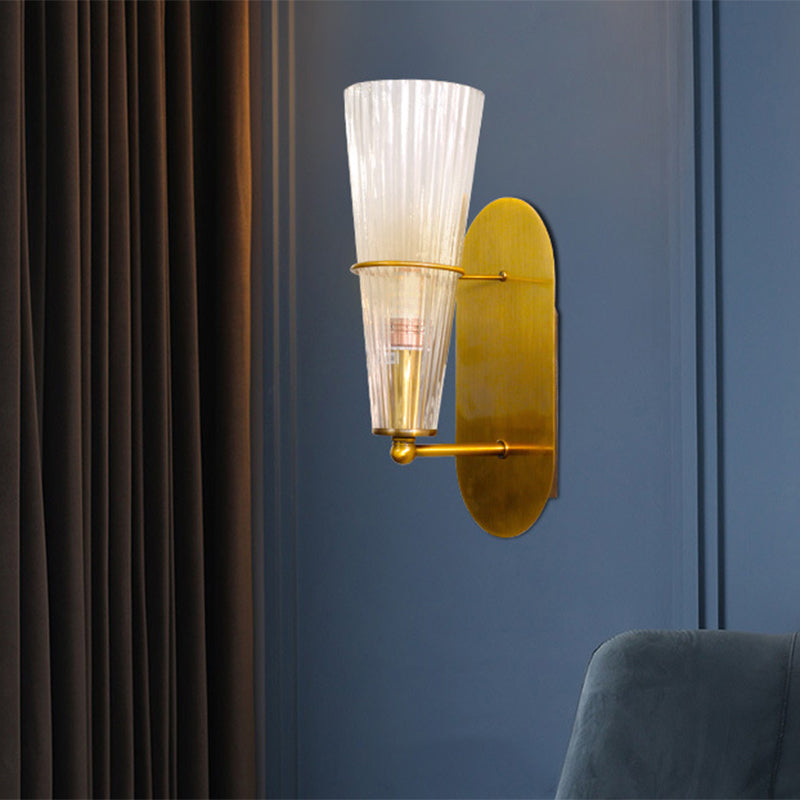 Modern Gold Cone Wall Sconce with Ribbed Glass Shade