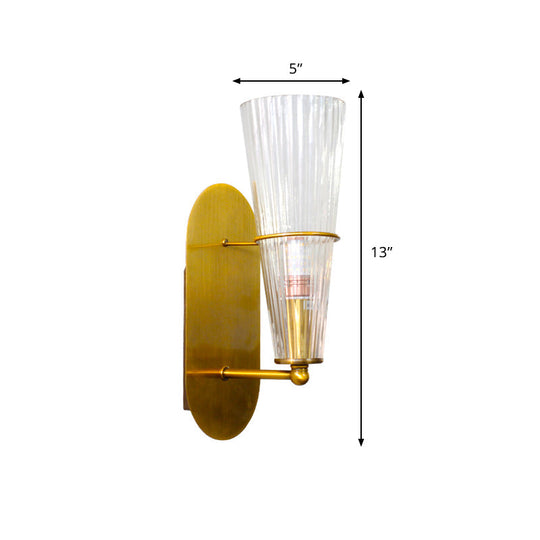 Modern Gold Cone Wall Sconce with Ribbed Glass Shade