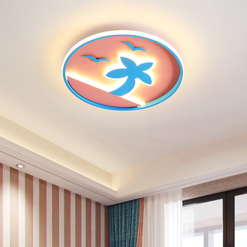 Tropical Beach Kids LED Flush Mount Ceiling Light - Pink and Blue with Circle Acrylic Shade