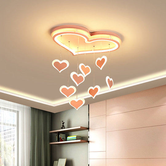 Waterfall Heart Iron Ceiling Lamp - Macaron Pink LED Flush Mount Lighting for Bedroom