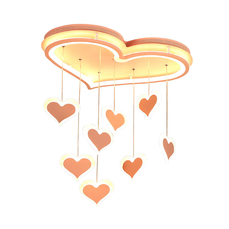 Waterfall Heart Iron Ceiling Lamp - Macaron Pink LED Flush Mount Lighting for Bedroom