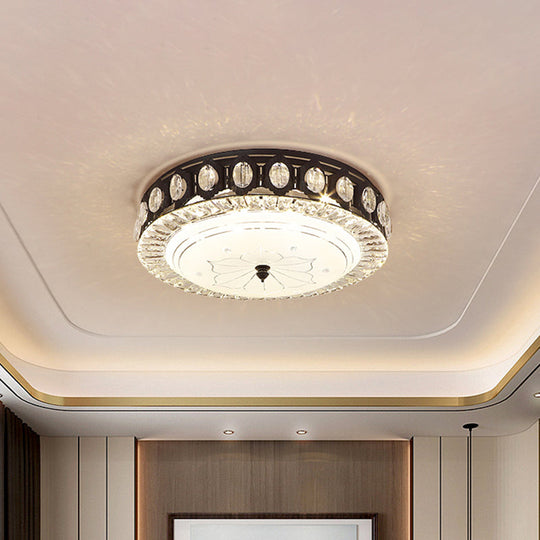 Modern Black Metal LED Flush Mount Bedroom Lamp with Crystal Accent