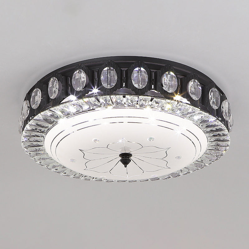 Modern Black Metal LED Flush Mount Bedroom Lamp with Crystal Accent
