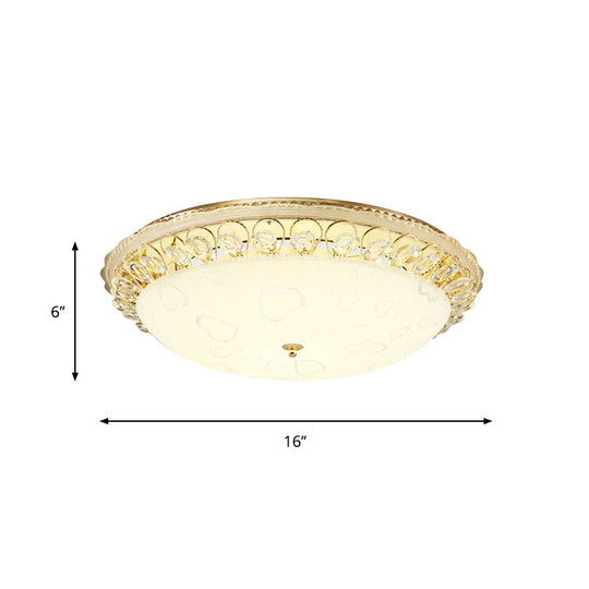 Frosted Glass Gold Ceiling Lamp - Domed LED Flush Light with Crystal Accent (16"/19.5" Wide)