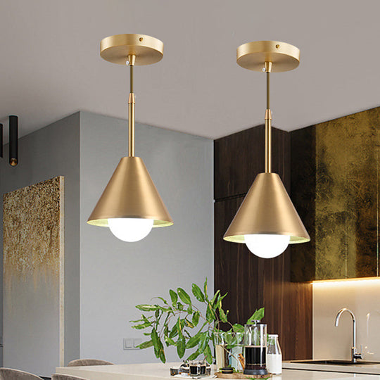 Brass Cone Pendant Light for Dining Table - Mid Century Single-Bulb Ceiling Suspension Lamp