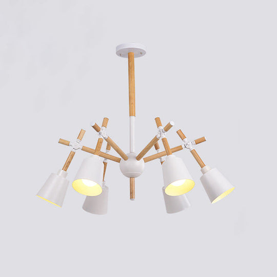 Nordic Wood Swing Arm Chandelier with 6 Bulbs and Conic Lamp Shade in Black/White
