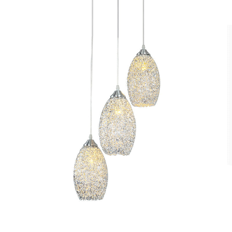 Contemporary Aluminum Oval Pendant with 3 Bulbs – Chrome Ceiling Light for Dining Room