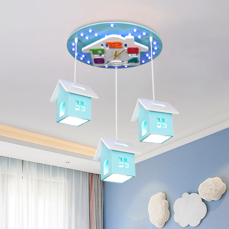 Cartoon 3-Bulb Wood Draping House Ceiling Light Fixture in Pink/Blue