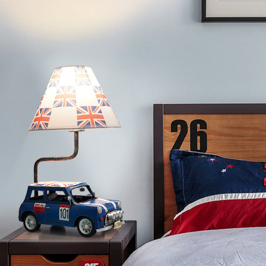 Kids Jeep Car Iron Table Lamp with Yellow/Blue Cross Fabric Shade