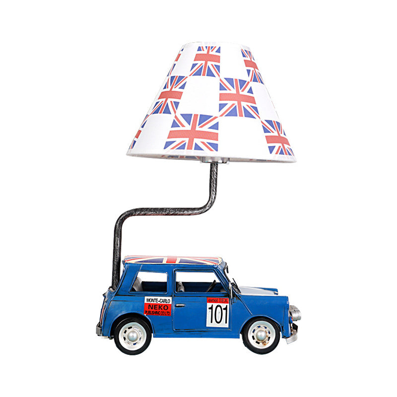 Kids Jeep Car Iron Table Lamp with Yellow/Blue Cross Fabric Shade