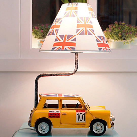 Kids Jeep Car Iron Table Lamp with Yellow/Blue Cross Fabric Shade