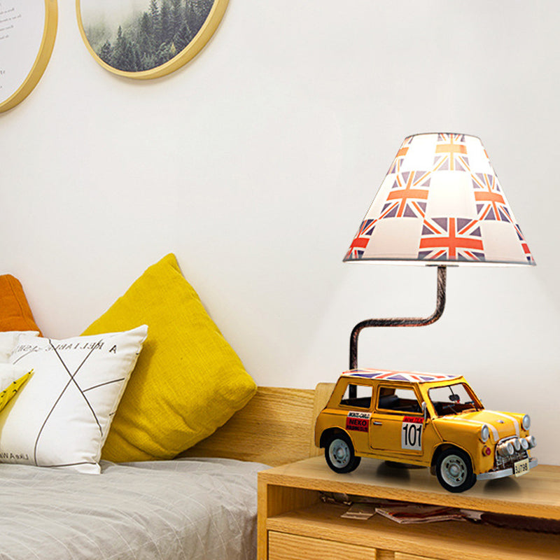 Kids Jeep Car Iron Table Lamp with Yellow/Blue Cross Fabric Shade