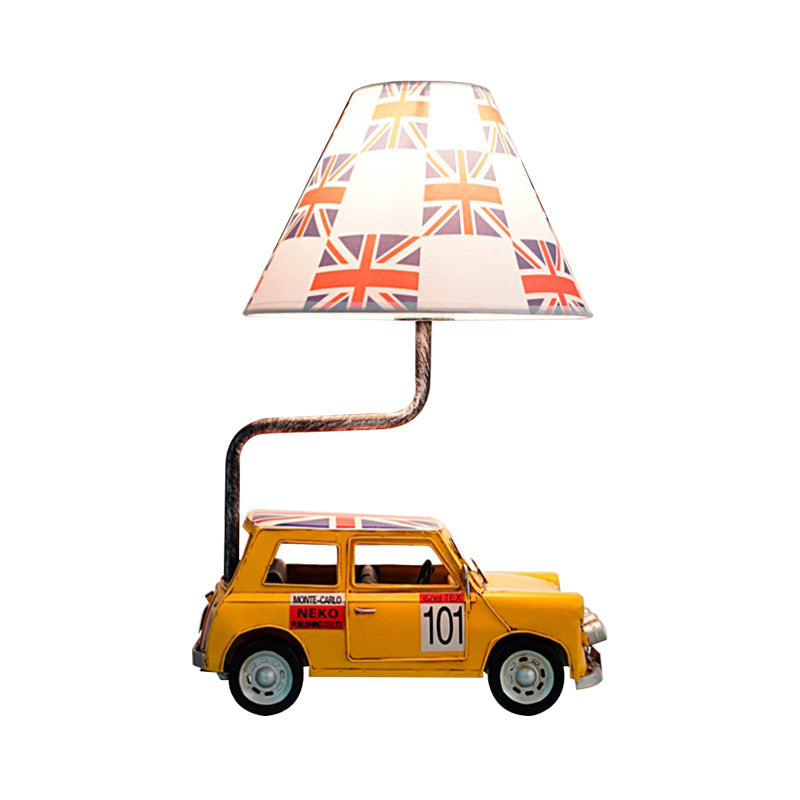 Kids Jeep Car Iron Table Lamp with Yellow/Blue Cross Fabric Shade