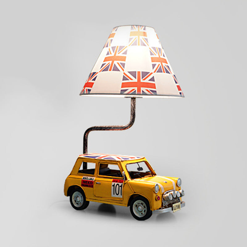 Kids Jeep Car Iron Table Lamp with Yellow/Blue Cross Fabric Shade
