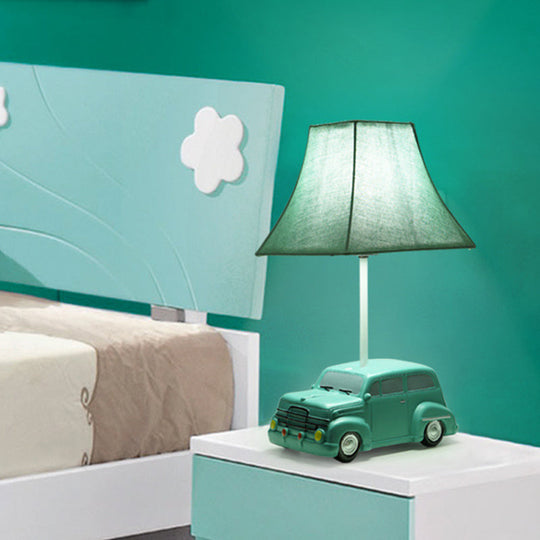 Kids Green Car Resin Table Lamp with Pagoda Fabric Shade - 1 Bulb Nightstand Lighting