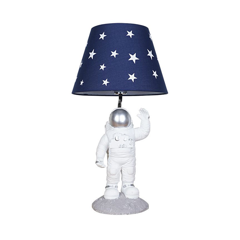 Blue Empire Shade Night Lamp - Kids Star Patterned Fabric Table Lighting with Carved Spaceman Base, 10"/13" Wide